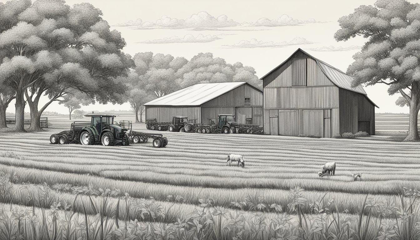 A field of crops with grazing livestock, a barn, and farm equipment in Fayette County, Texas