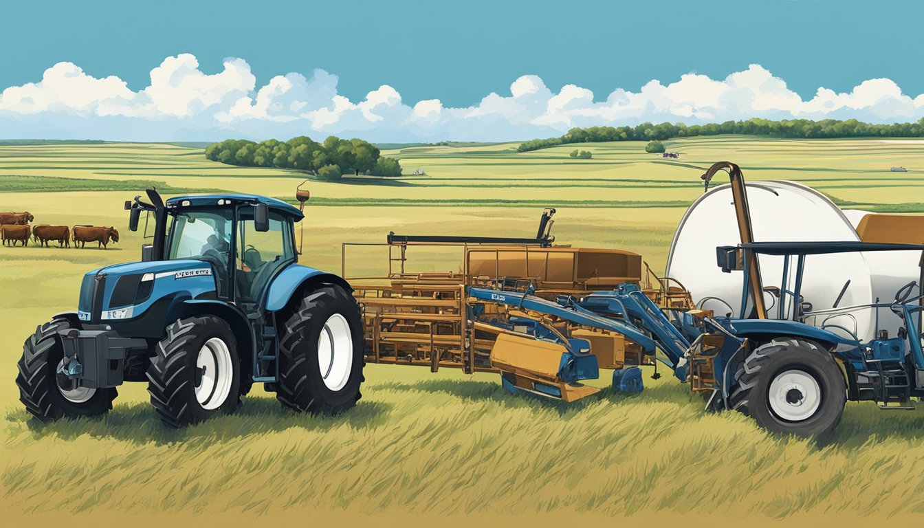 A rural landscape in Fayette County, Texas, with a sprawling farm, livestock, and agricultural equipment, under a clear blue sky