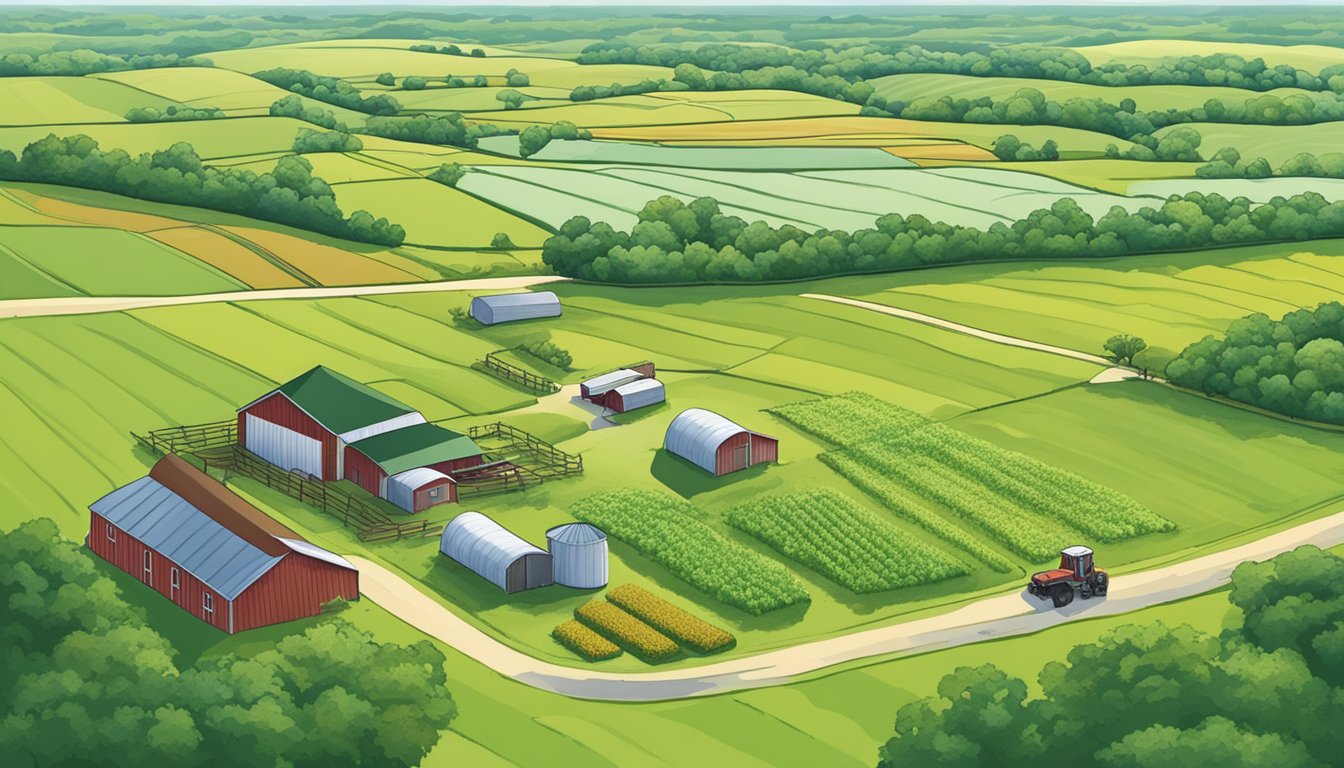 A sprawling farm in Fayette County, Texas, with rolling green pastures, grazing livestock, and a farmer inspecting crops