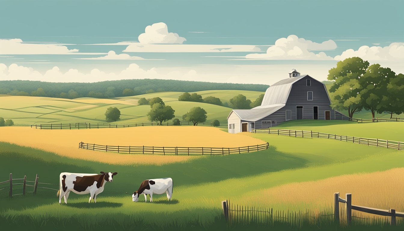 A rural landscape with a farmhouse, barn, and grazing livestock in Fayette County, Texas. The scene includes fields and rolling hills with a clear sky overhead