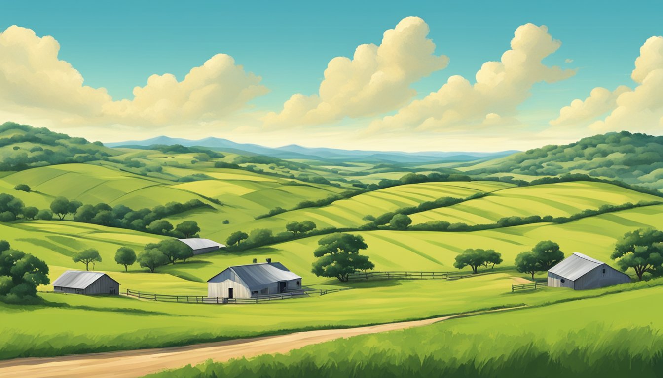 A rural landscape with rolling hills, green pastures, and a few scattered farmhouses under a bright blue sky in Goliad County, Texas