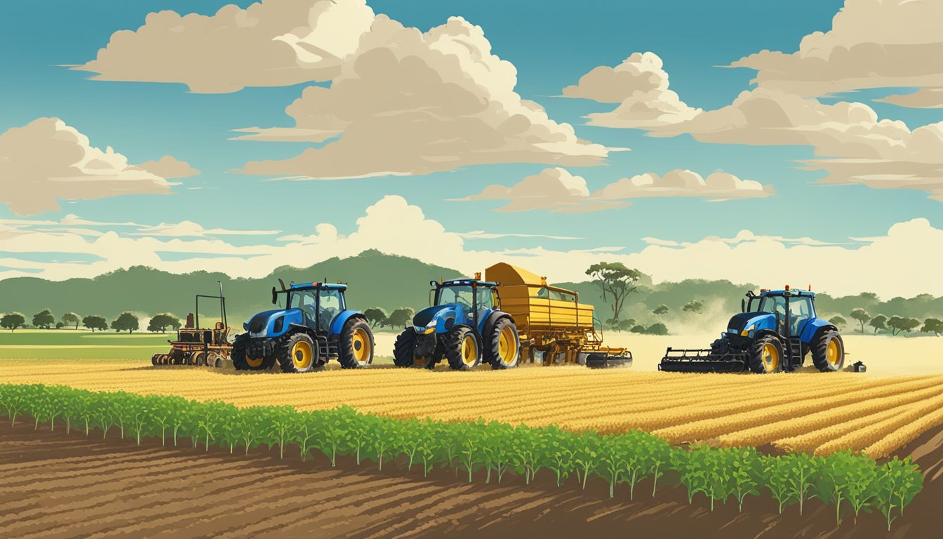 Agricultural fields in Goliad County, Texas with livestock, crops, and farm equipment under a clear blue sky