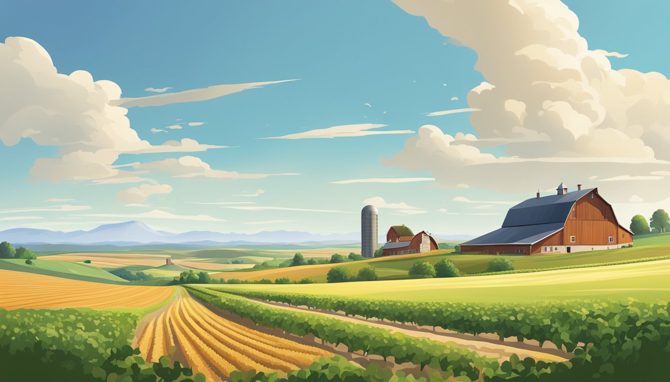 A sprawling rural landscape with a farmhouse, barn, and fields of crops under a clear blue sky