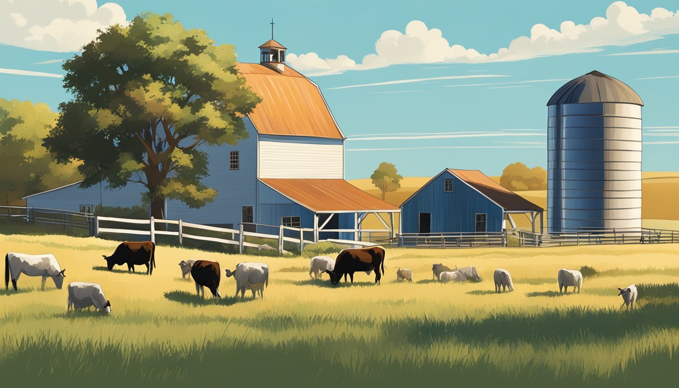 A rural Texas landscape with a farmhouse, barn, and grazing cattle, surrounded by open fields and a clear blue sky