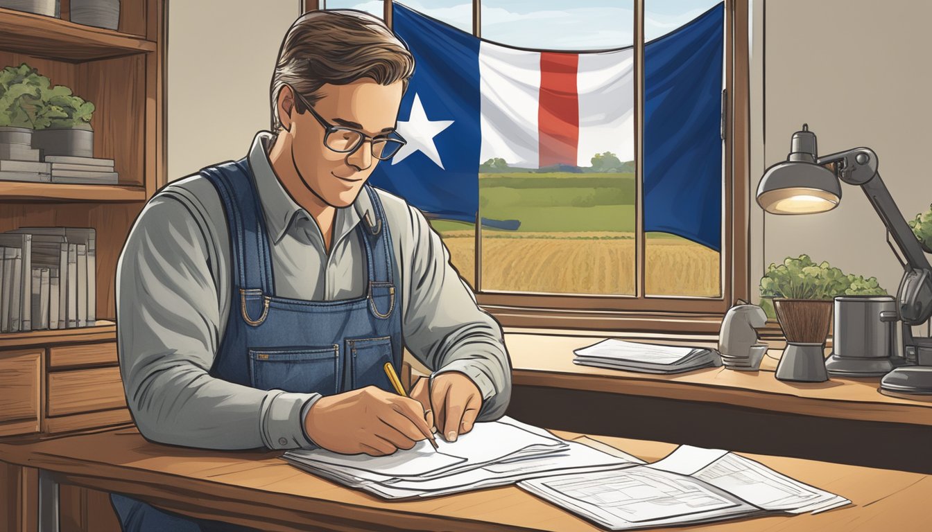 A farmer filling out paperwork at a desk with a Texas flag in the background and agricultural equipment visible through a window