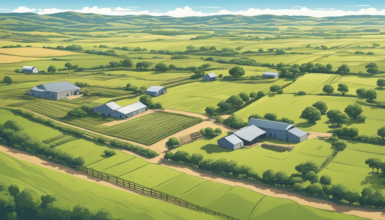 A sprawling ranch in Goliad County, Texas, with fields of crops and grazing livestock, surrounded by rolling hills and a clear blue sky