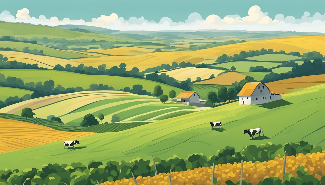 Rolling hills of fertile land, dotted with grazing cattle and bordered by barbed wire fences. A lone farmhouse sits in the distance, surrounded by fields of crops