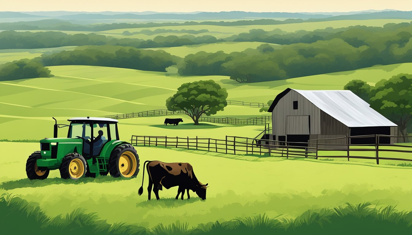 Rolling hills of green pastures with grazing cattle, a rustic barn, and a farmer's tractor in Goliad County, Texas