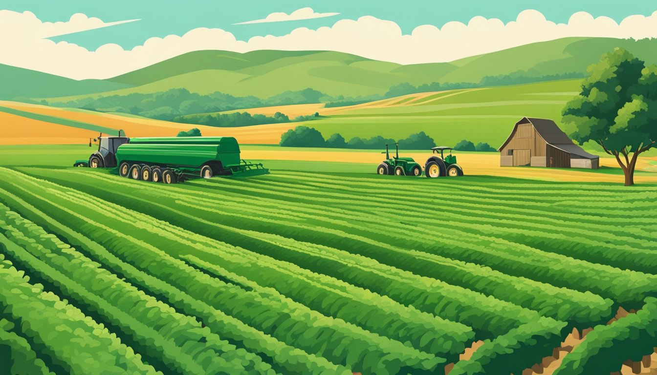 A lush green field in Fannin County, Texas, with rows of crops and a farmer using sustainable agriculture practices. The landscape is dotted with agricultural equipment and surrounded by rolling hills