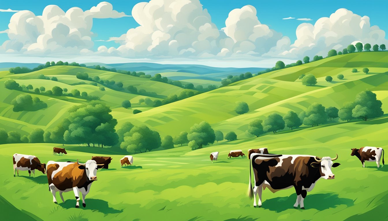 Rolling hills of green pastures dotted with grazing cattle under a bright blue sky with a few fluffy white clouds