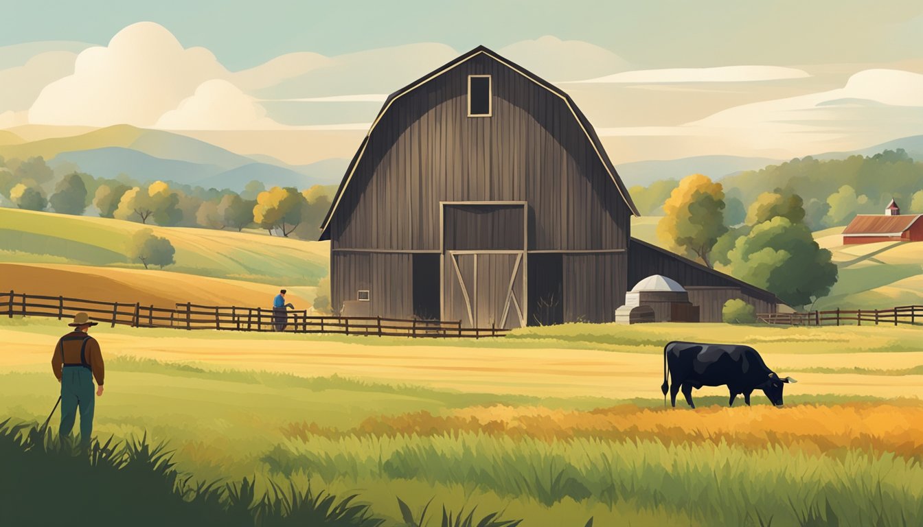 Rolling farmland with grazing cattle, a rustic barn, and a farmer tending to crops