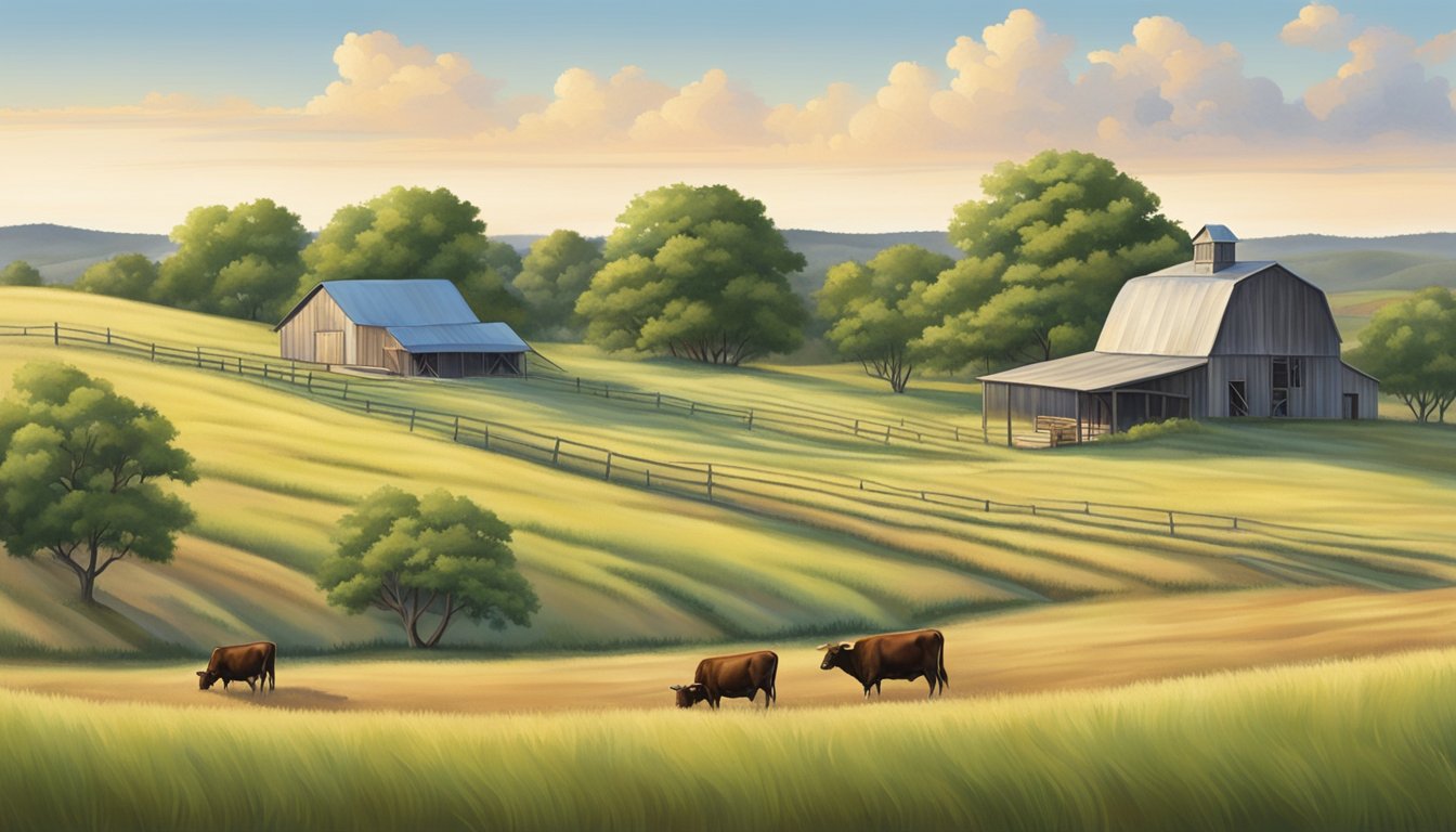 Rolling hills of farmland in Erath County, Texas, with cattle grazing and a farmhouse in the distance