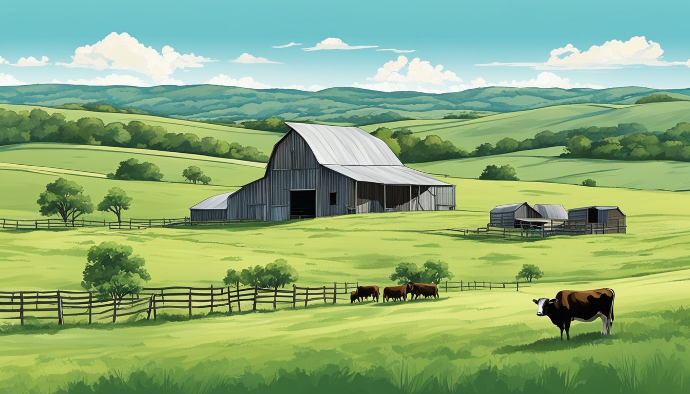 Rolling hills of green pastures with grazing cattle, a rustic barn, and a clear blue sky in Erath County, Texas