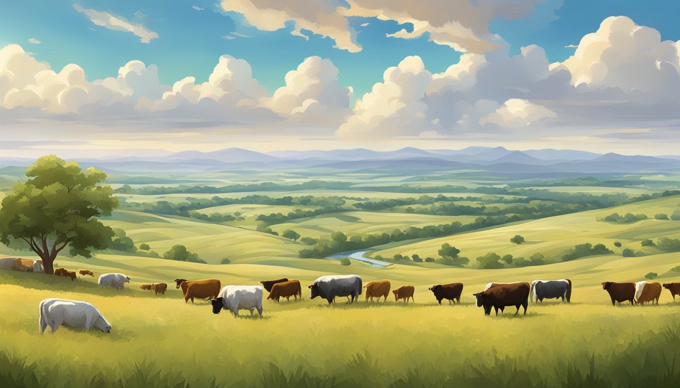 A sprawling Texas landscape with rolling hills, vast fields, and grazing livestock, all under the bright sun