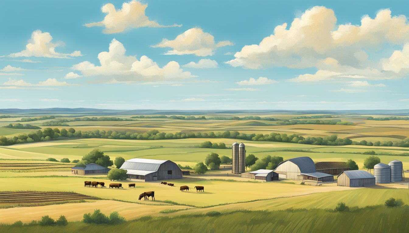 A rural landscape in Garza County, Texas with agricultural fields, farm buildings, and grazing livestock under a clear blue sky