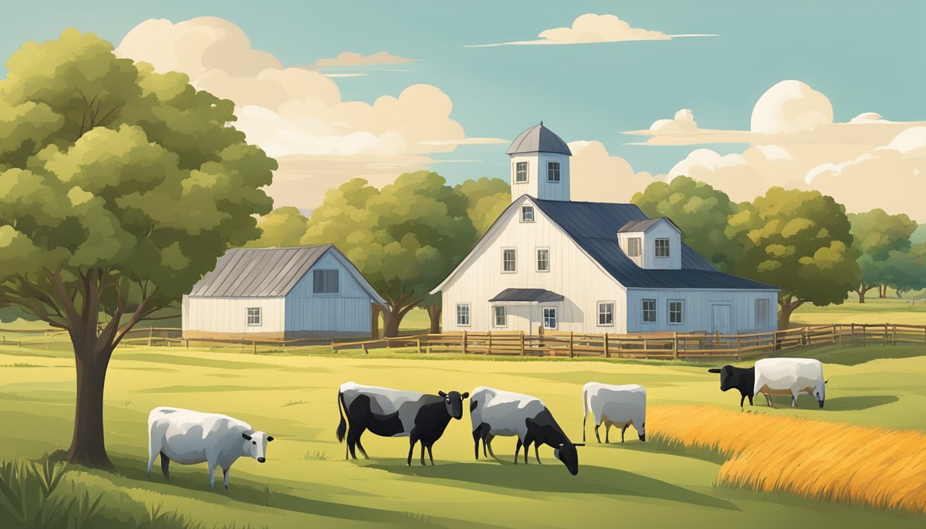 A rural landscape with farmland, grazing animals, and a farmhouse in Garza County, Texas, representing eligibility for agricultural exemptions