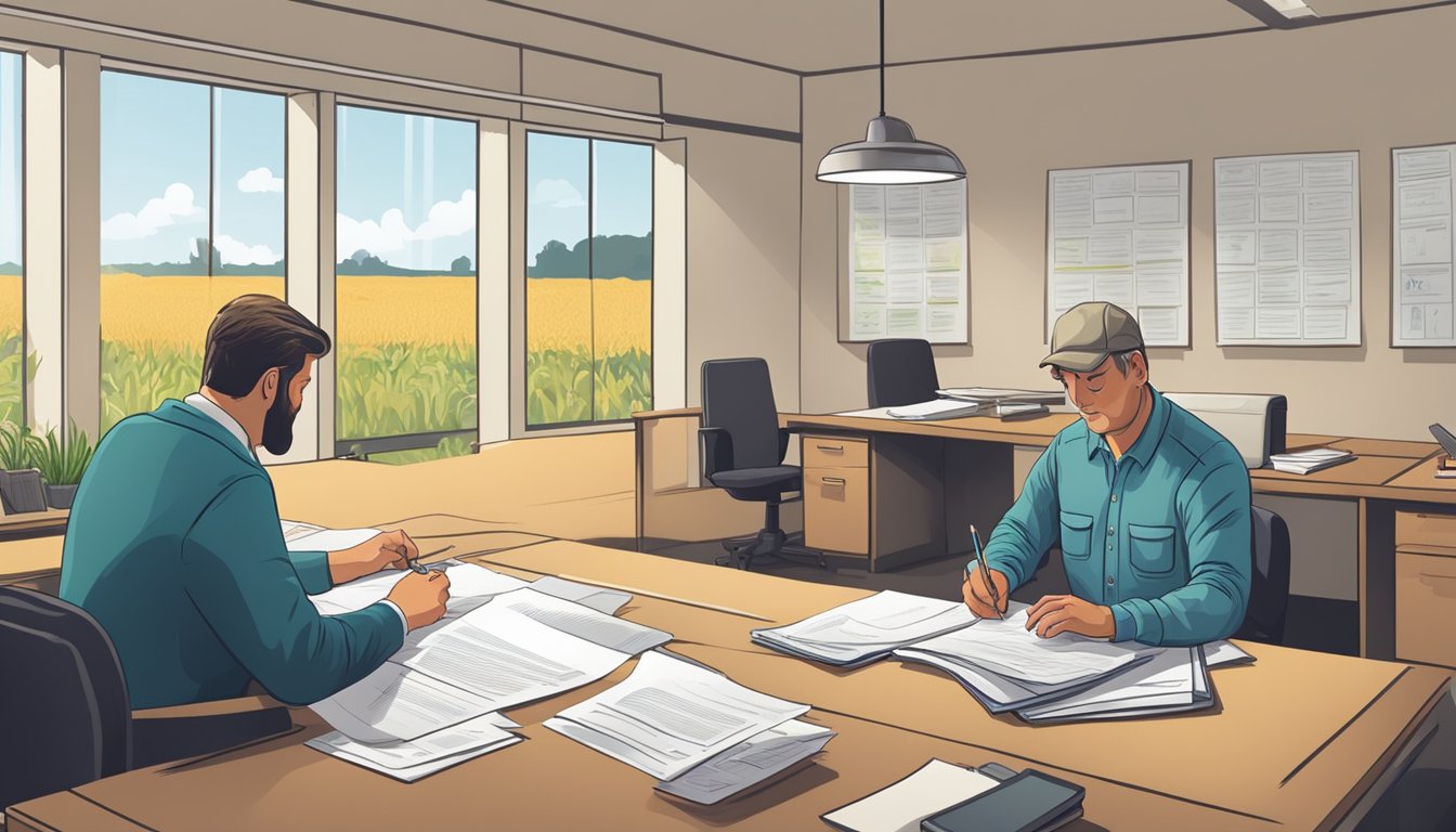 A farmer fills out paperwork at a desk while a county official reviews documents in a government office