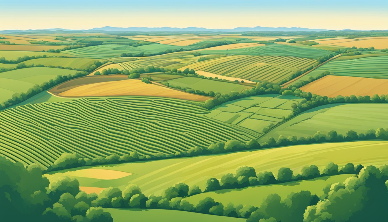 A sprawling farmland in Ellis County, Texas, with rows of crops and grazing livestock, surrounded by rolling hills and a clear blue sky