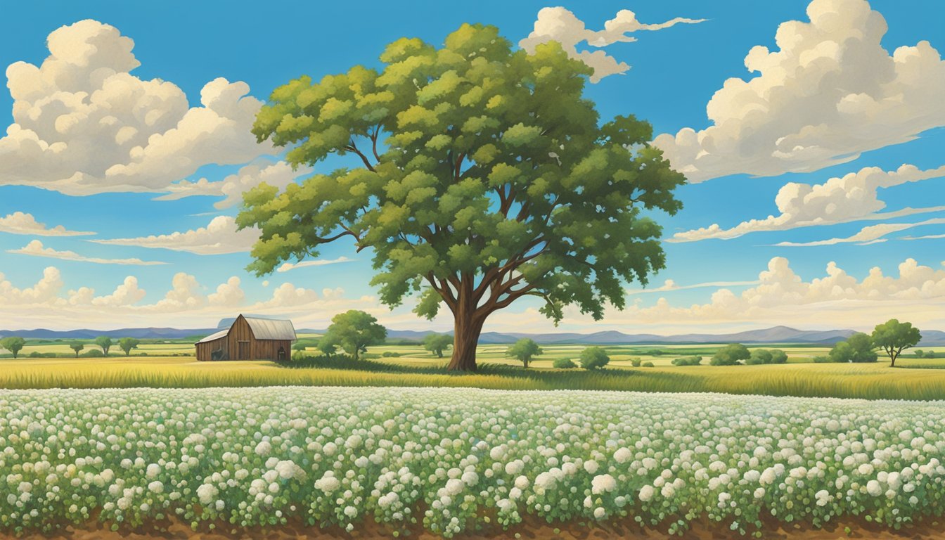 Rolling fields of cotton, wheat, and sorghum stretch across Garza County, Texas, under a bright blue sky. Cattle graze in the distance, surrounded by lush pastures