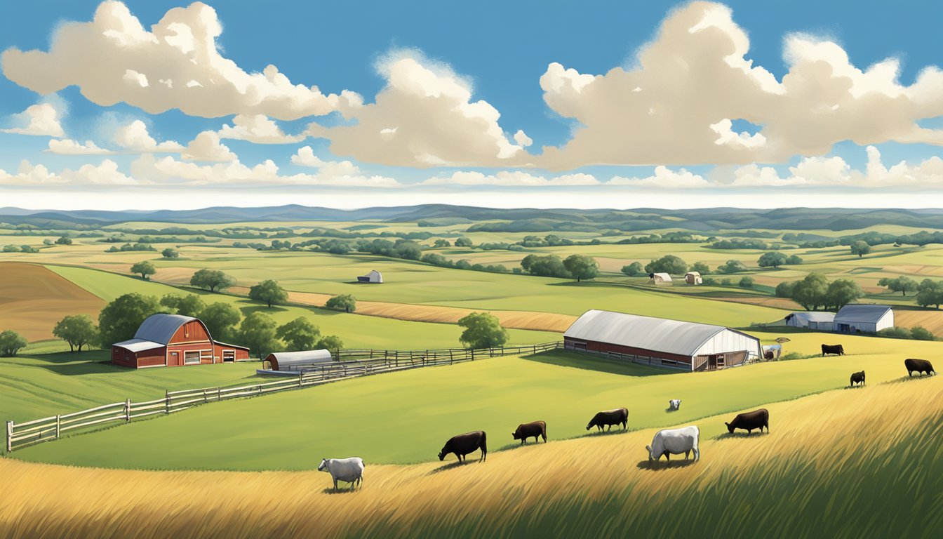 A rural landscape with a large farm, open fields, and grazing livestock under a clear blue sky, surrounded by the rolling hills of Ellis County, Texas