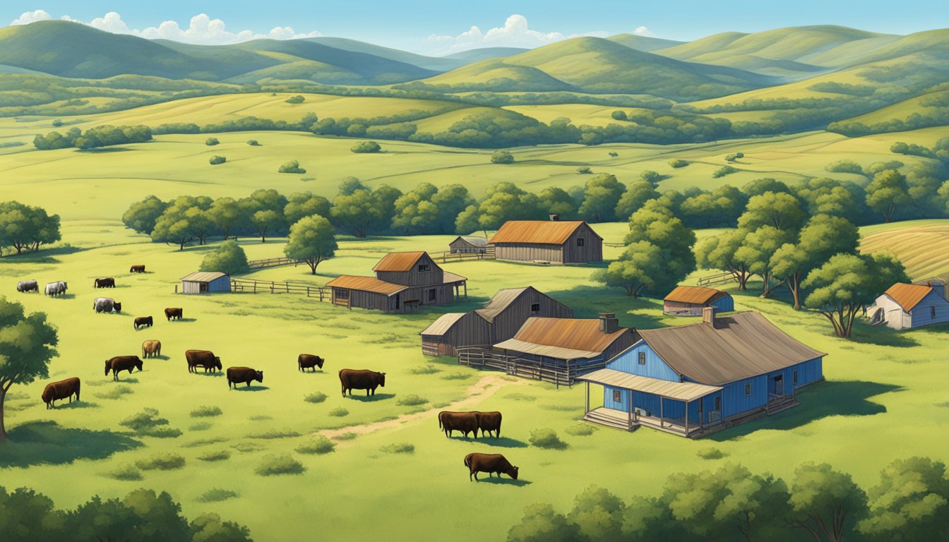 A sprawling Texas ranch with cattle grazing under a bright blue sky, surrounded by rolling hills and a small farmhouse in the distance