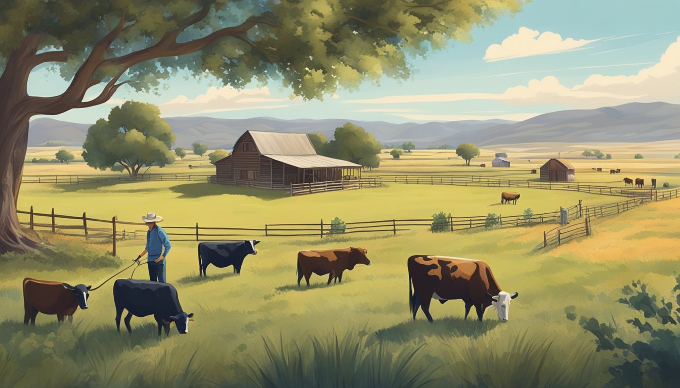 A ranch with grazing cattle, a farmhouse, and a farmer filling out paperwork surrounded by fields in Edwards County, Texas