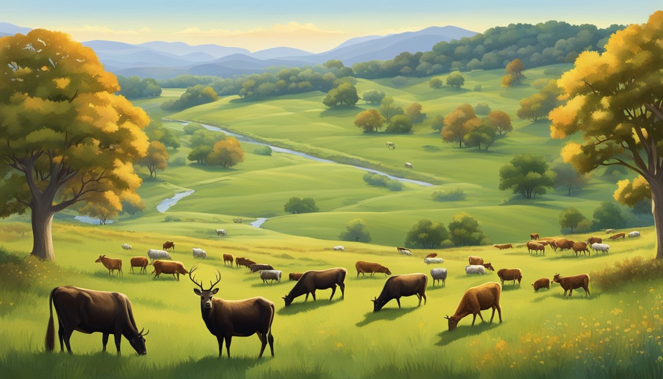 Rolling hills with scattered oak trees, a herd of cattle grazing in a lush pasture, a stream running through the landscape, and a variety of wildlife such as deer, turkeys, and quail roaming freely