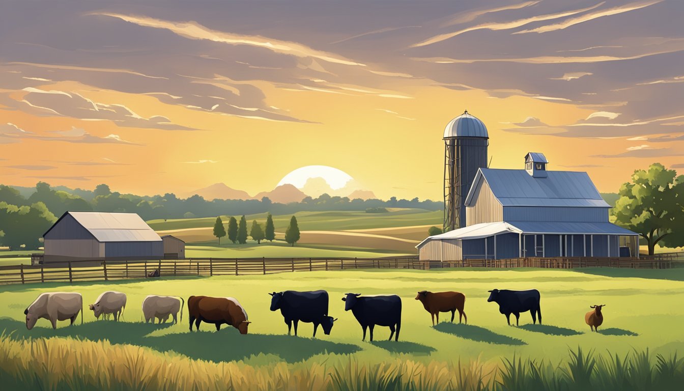 A rural Texas landscape with farmland, livestock, and a county building in the background