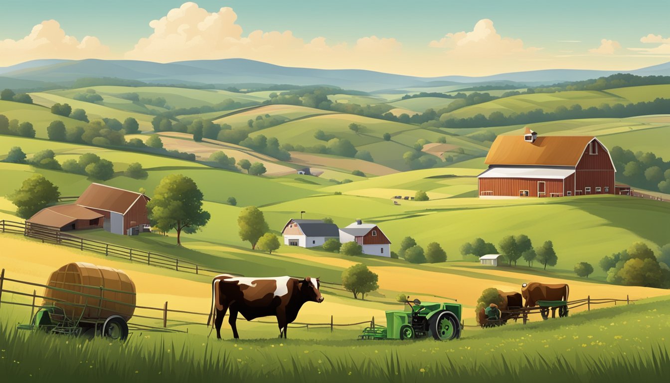 A rural landscape with rolling hills, grazing cattle, and a farmhouse surrounded by fields and agricultural equipment