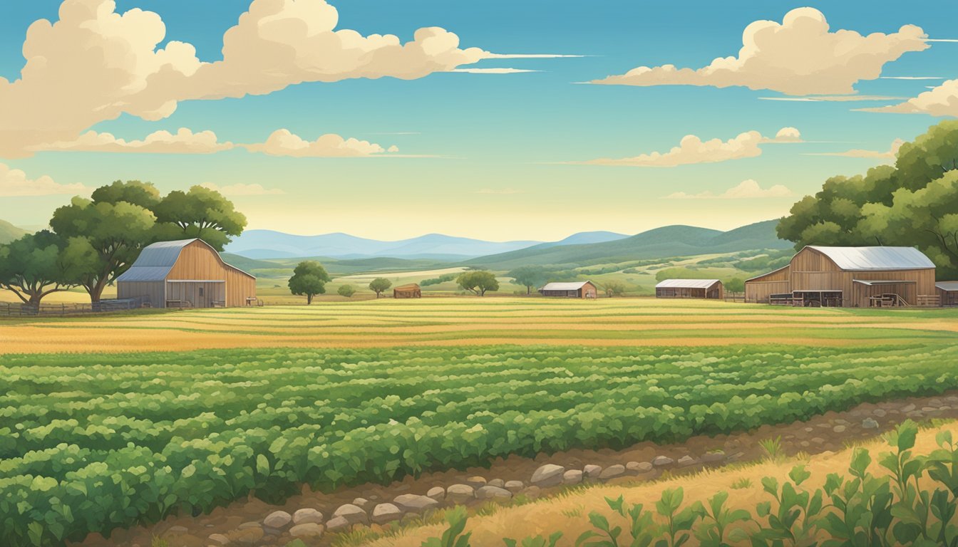 A sprawling farm in Frio County, Texas, with rows of crops and grazing livestock, surrounded by rolling hills and a clear blue sky