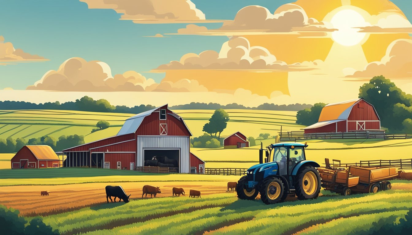 A farm with cattle grazing in a field, a tractor plowing the land, and a barn in the background, all under the Texas sun