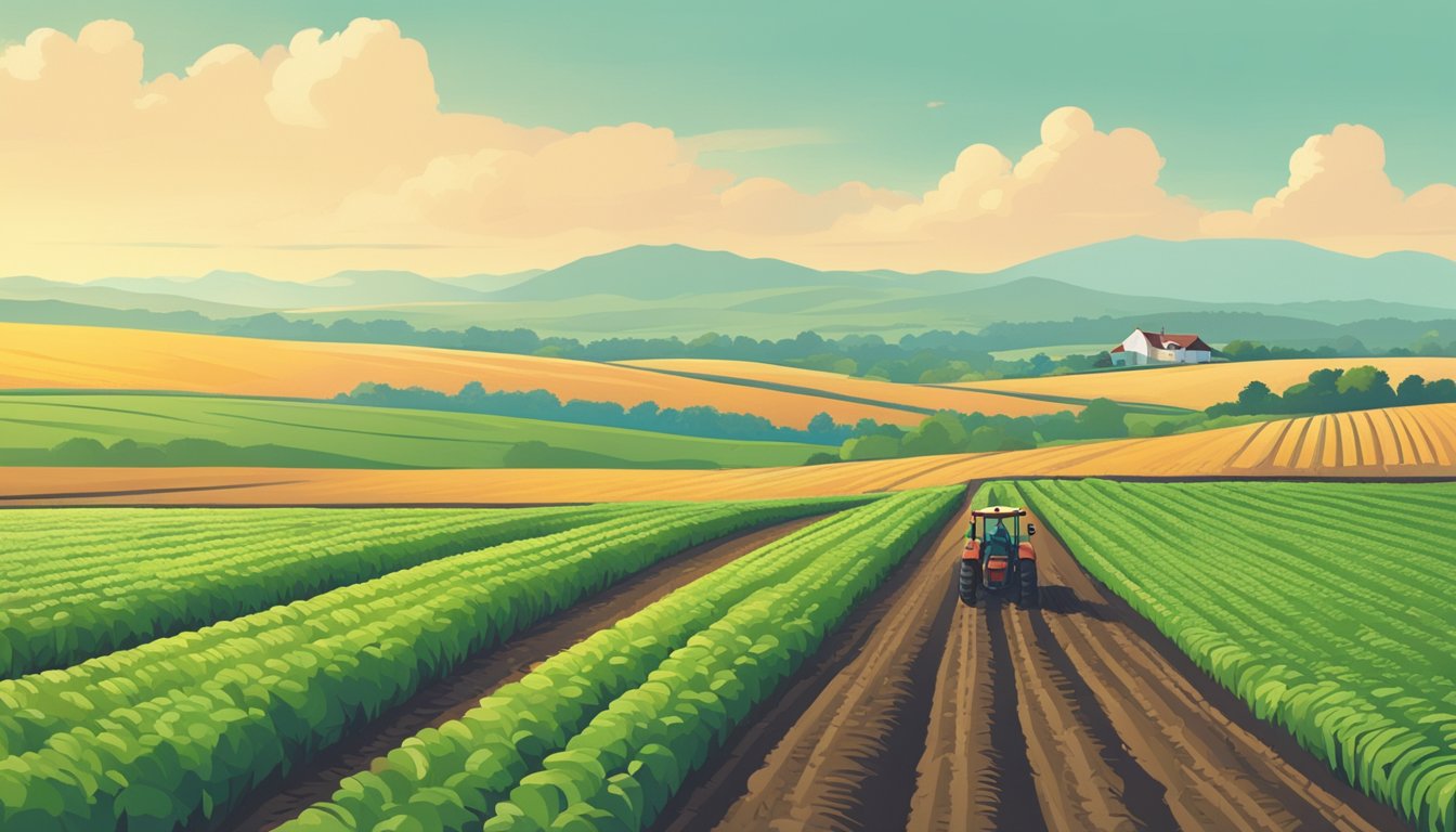 A vast field of crops stretching to the horizon, with a farmer operating a tractor in the distance. Livestock grazing in fenced pastures nearby