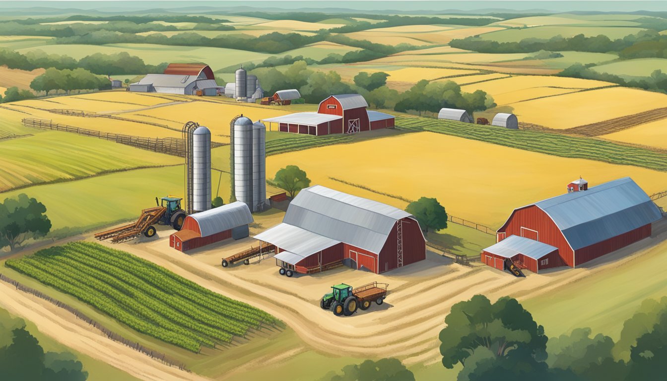 A rural landscape with a sprawling farm in Frio County, Texas, featuring agricultural equipment, livestock, and fields of crops