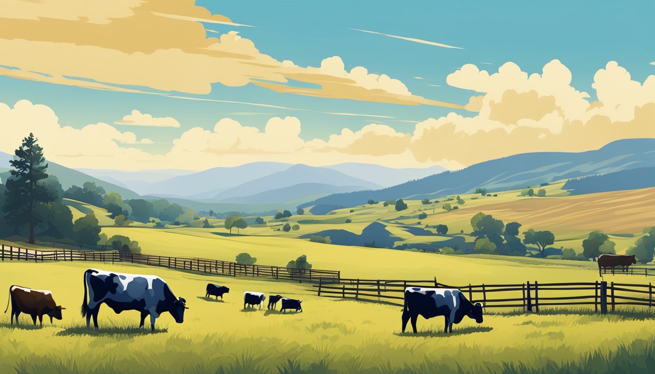 A ranch with cattle grazing under a clear blue sky, surrounded by rolling hills and fenced pastures