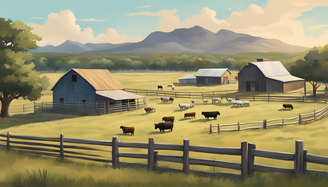 A ranch in Frio County, Texas with livestock grazing in a field, surrounded by fences and a farmhouse in the background