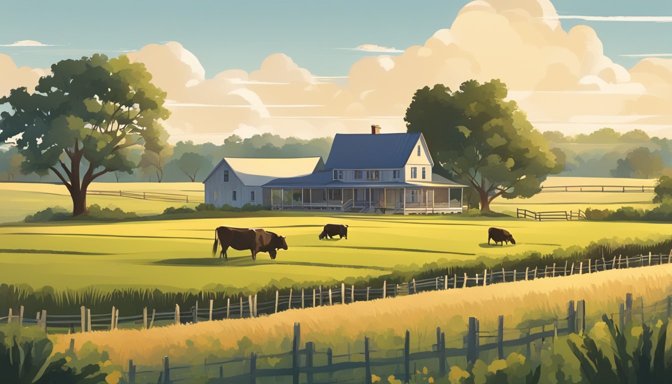 A rural landscape in Duval County, Texas with a farmhouse, grazing cattle, and agricultural fields, highlighting the tax exemption for agricultural land