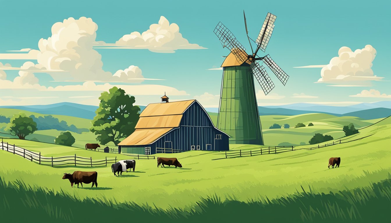 Rolling hills of green pastures dotted with grazing cattle under a clear blue sky. A rustic barn and windmill stand in the distance