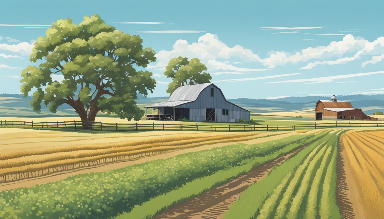 A rural landscape with a farmhouse, barn, and fields of crops under a clear blue sky in Donley County, Texas