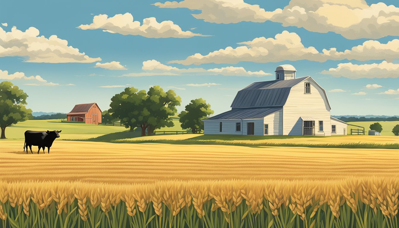 Rolling fields of wheat and grazing cattle under a bright Texas sky, with a farmhouse in the distance and a sign indicating "Donley County Ag Exemption."