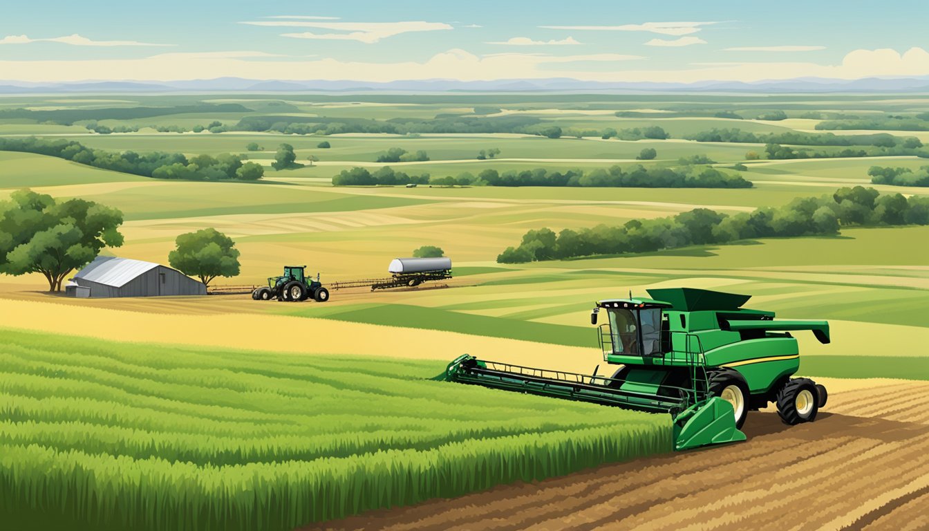 Rolling fields of crops and grazing land stretch across Donley County, Texas, with farm equipment and livestock dotting the landscape