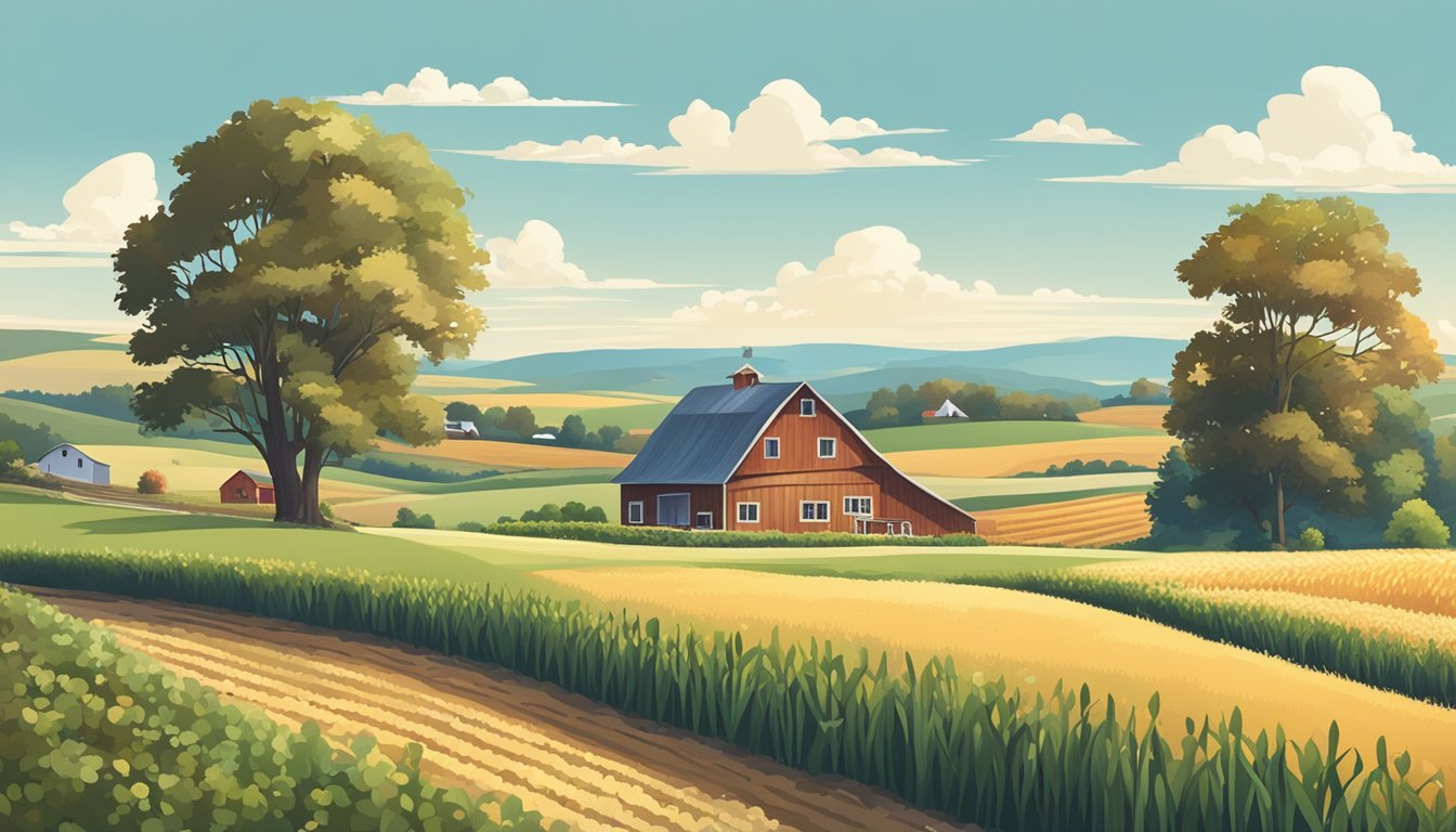 A rural landscape with a farmhouse, barn, and fields of crops under a clear blue sky