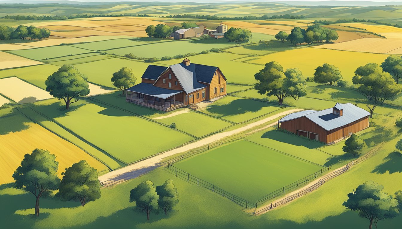 A rural landscape in Donley County, Texas with agricultural fields, livestock, and a farmhouse, showcasing the methods used for property appraisal and valuation for agricultural exemptions