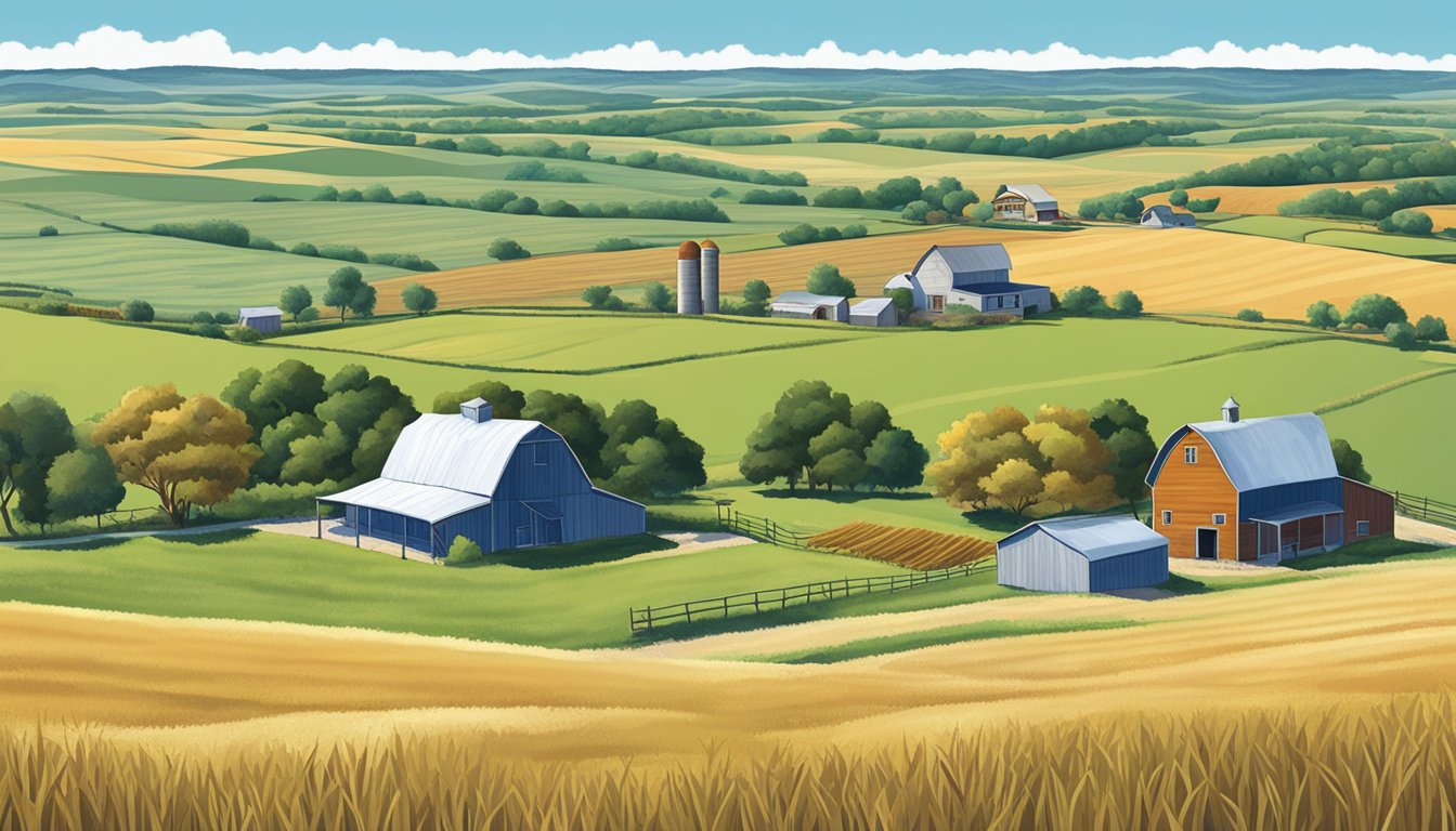 A rural landscape in Donley County, Texas, with a farmhouse, barn, and fields of crops under a clear blue sky