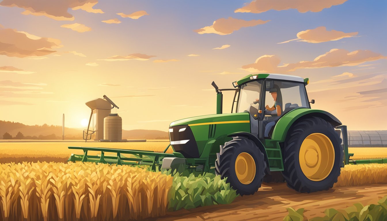 A farmer filling out paperwork at a desk with agricultural equipment and fields in the background