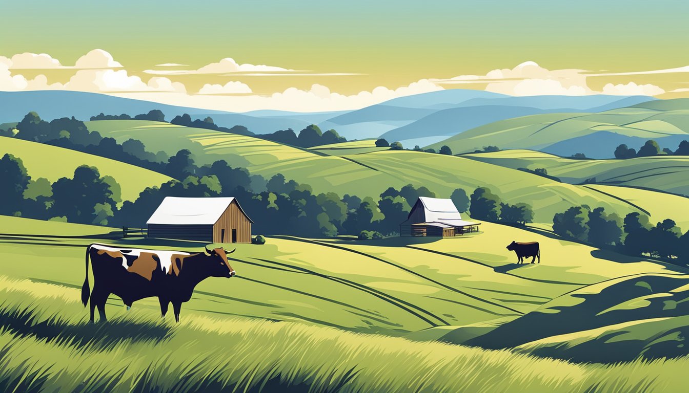 Rolling hills with grazing cattle, a rustic farmhouse, and a clear blue sky