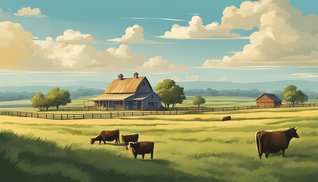 A rural Texas landscape with a farmhouse, rolling fields, and grazing cattle under a big blue sky