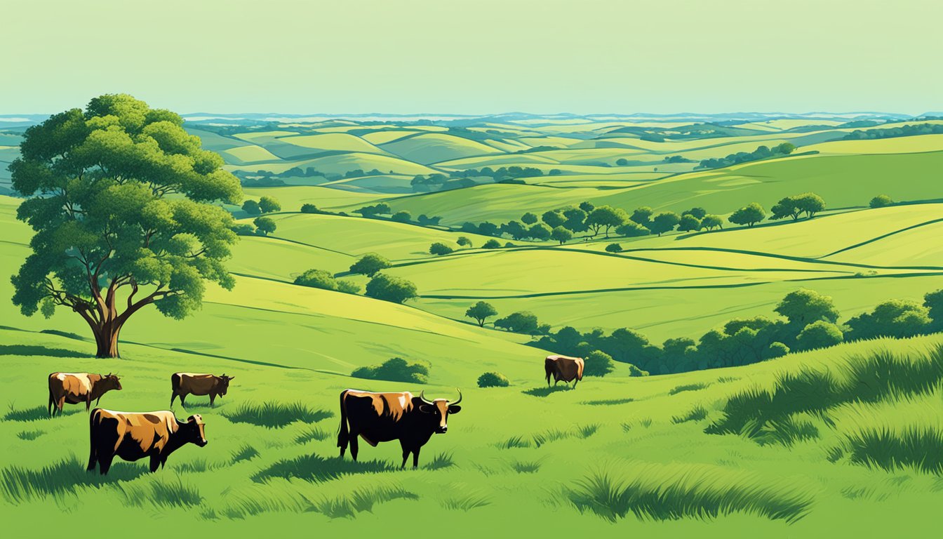 Rolling hills of green pastures dotted with grazing cattle under a bright blue sky in Dickens County, Texas