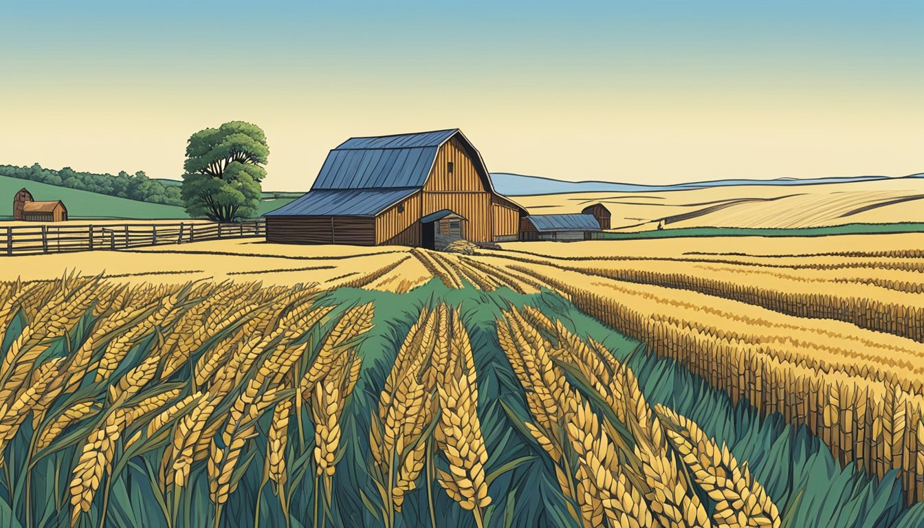 Rolling fields of wheat and corn under a clear blue sky, with a rustic barn and grazing cattle in the distance