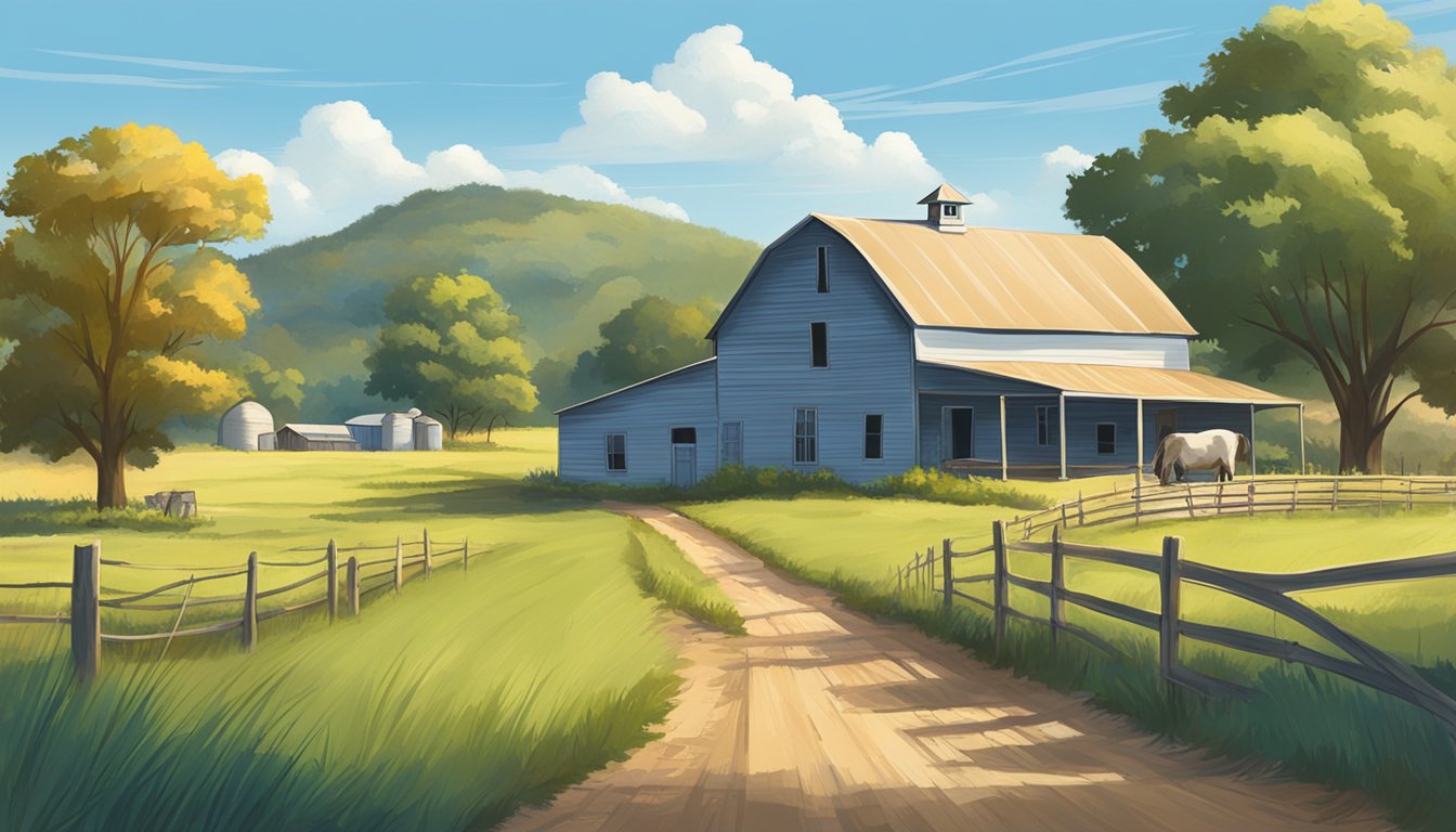 A rural landscape in Fisher County, Texas with a farmhouse, barn, and fields of crops or livestock, under a clear blue sky