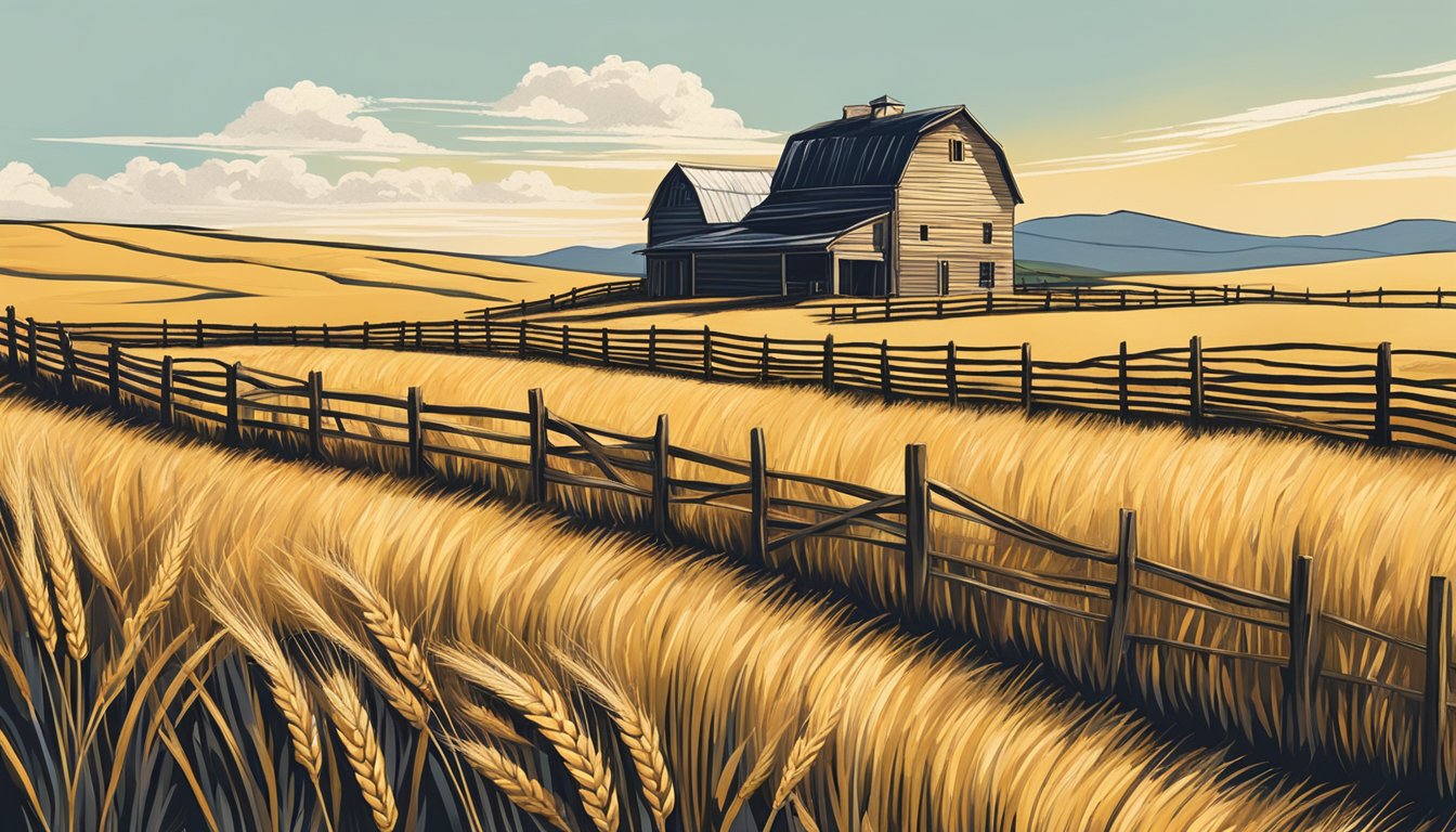 A vast field of golden wheat stretches out under the Texas sun, bordered by a rustic wooden fence. A lone farmhouse sits in the distance, surrounded by rolling hills and clear blue skies